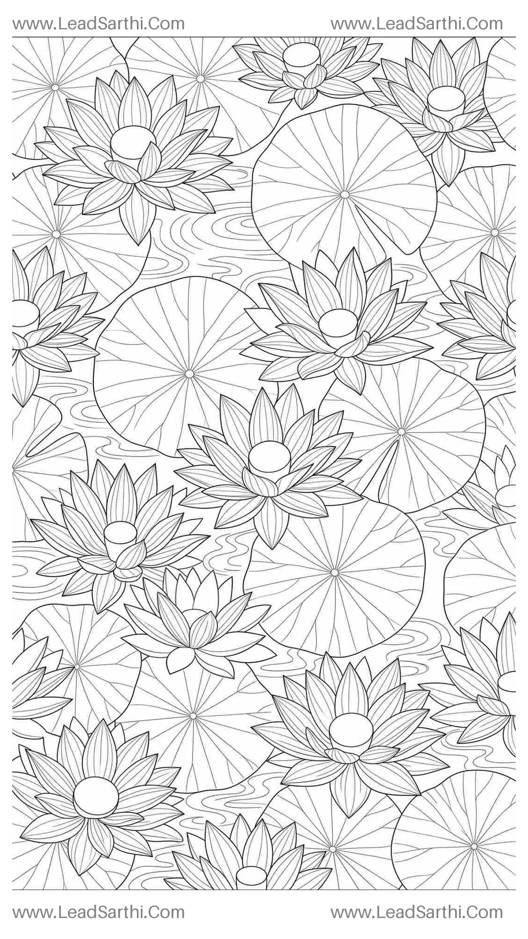 Print-Ready Lotus Pond Mandala: Flat-Lay 2D Botanical Coloring Sheet for Adults Thumbnail