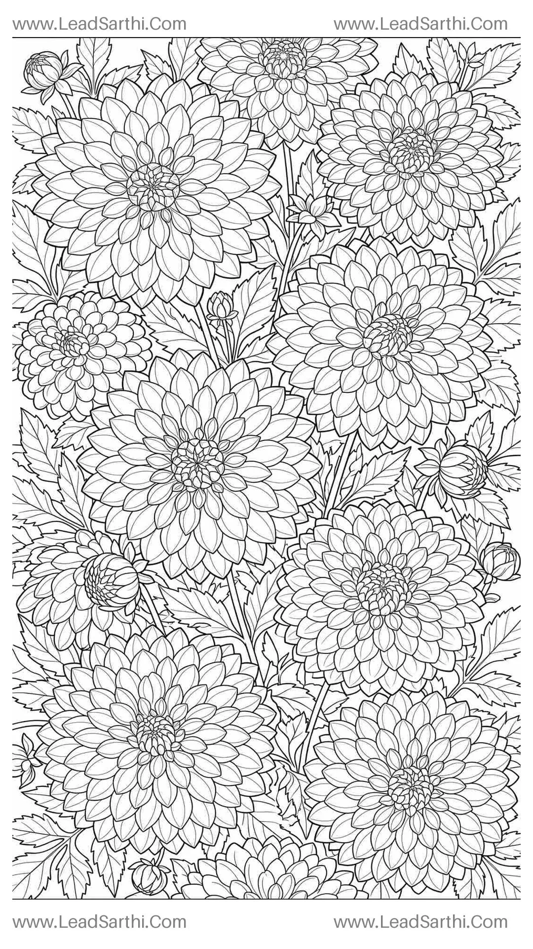 Geometric Dahlia Bloom Tapestry: High-Detail Full-Page Botanical Coloring Sheet Thumbnail