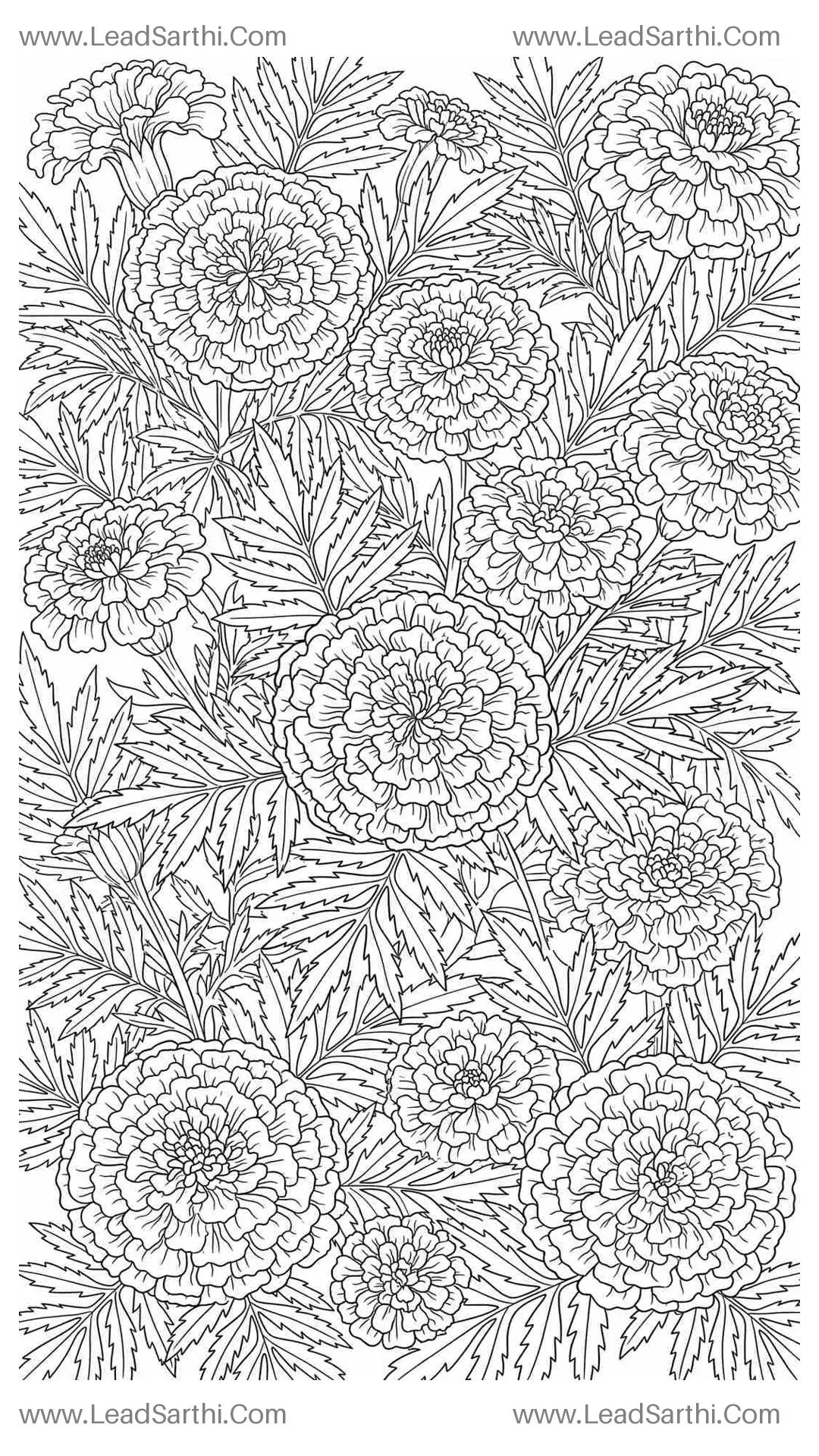 Marigold Garland: High-Detail Autumn Floral Pattern Coloring Page for Adults Thumbnail