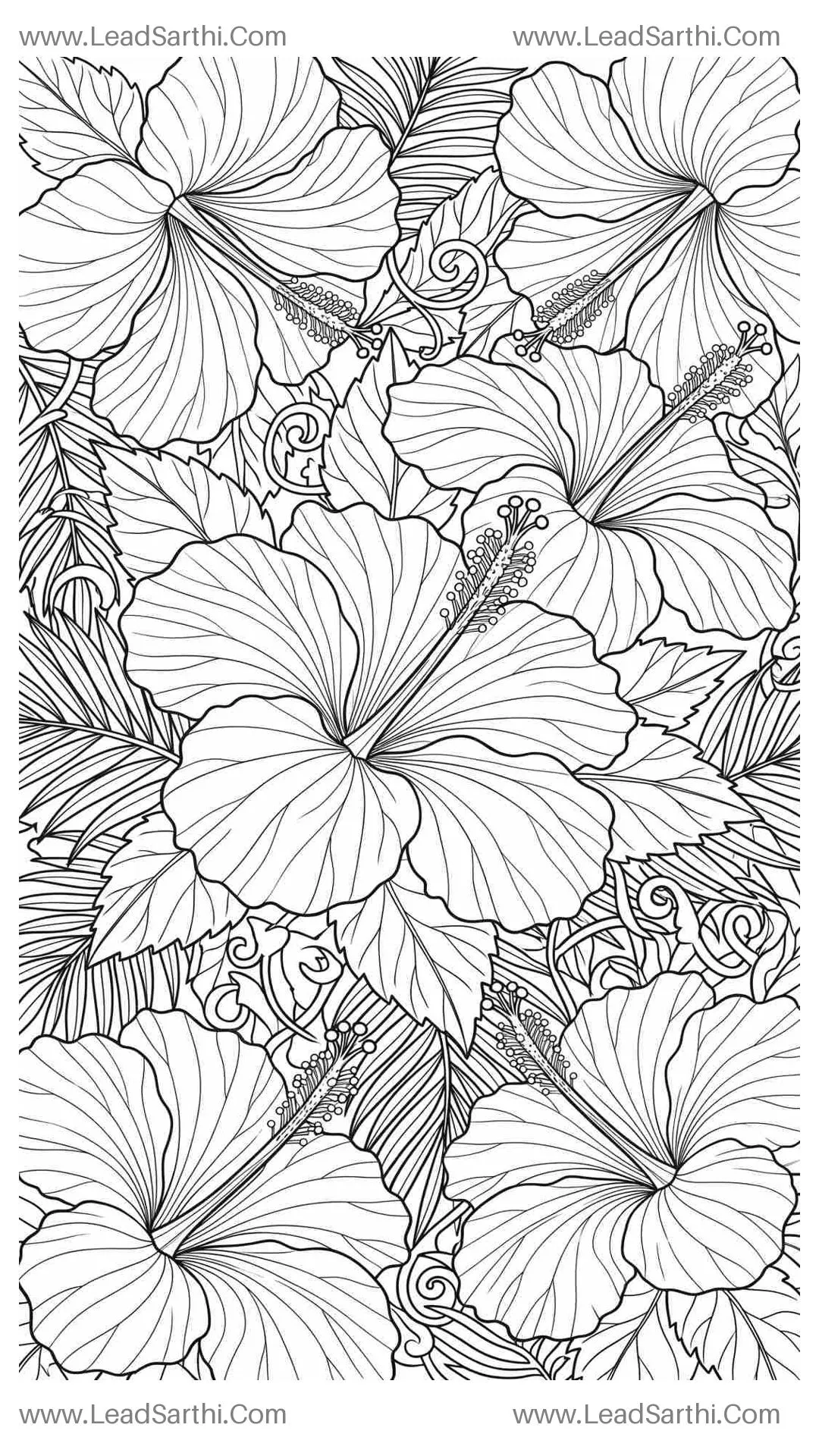 Tropical Hibiscus Canopy: Bold & Detailed Exotic Floral Line Art to Print and Color Thumbnail