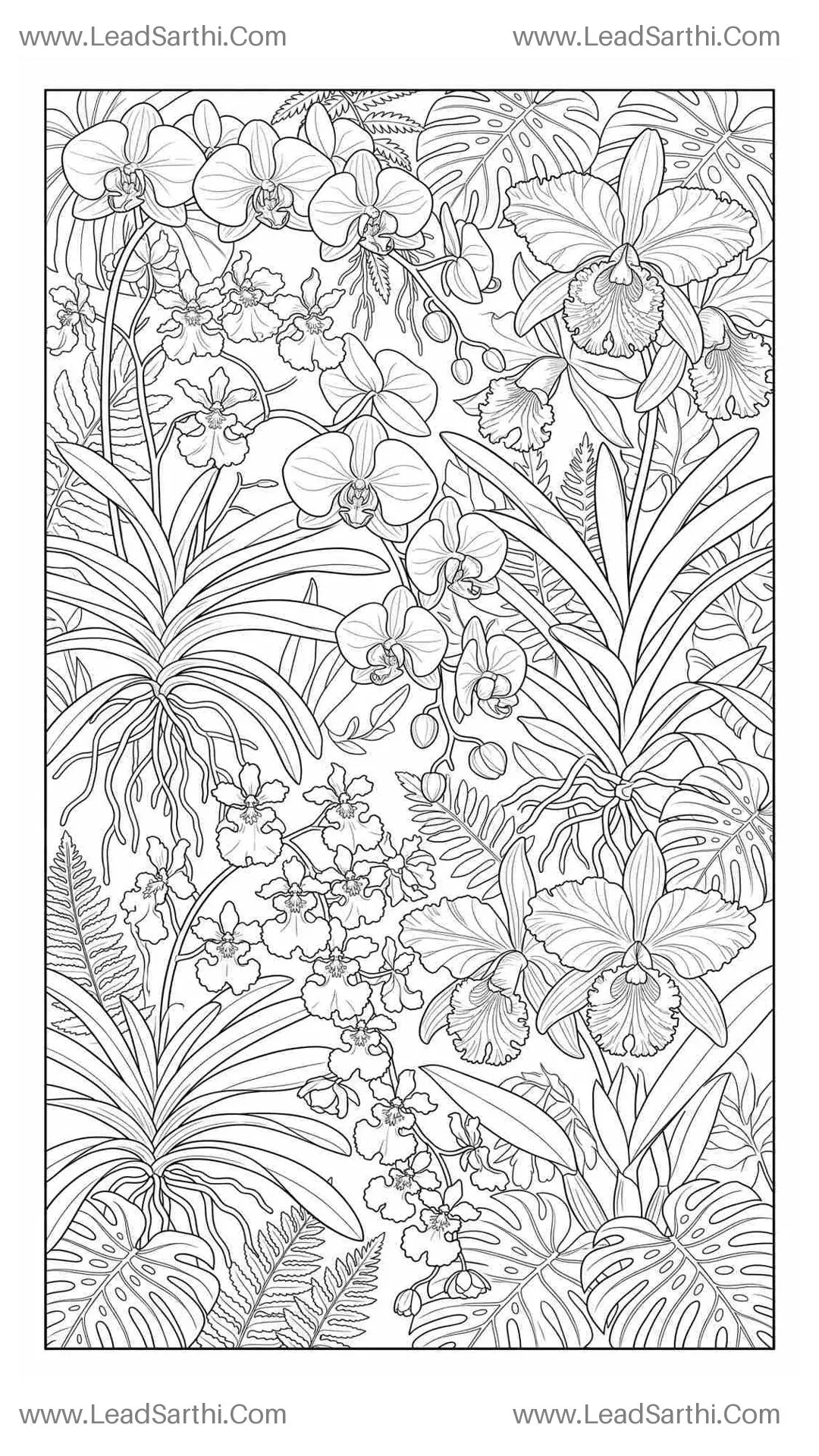 Exotic Orchid Haven: High-Detail Tropical Botanical Coloring Page for Grown-Ups Thumbnail
