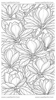 Southern Magnolia Canopy: Detailed Borderless Flat-Lay Botanical Coloring Sheet Design Template