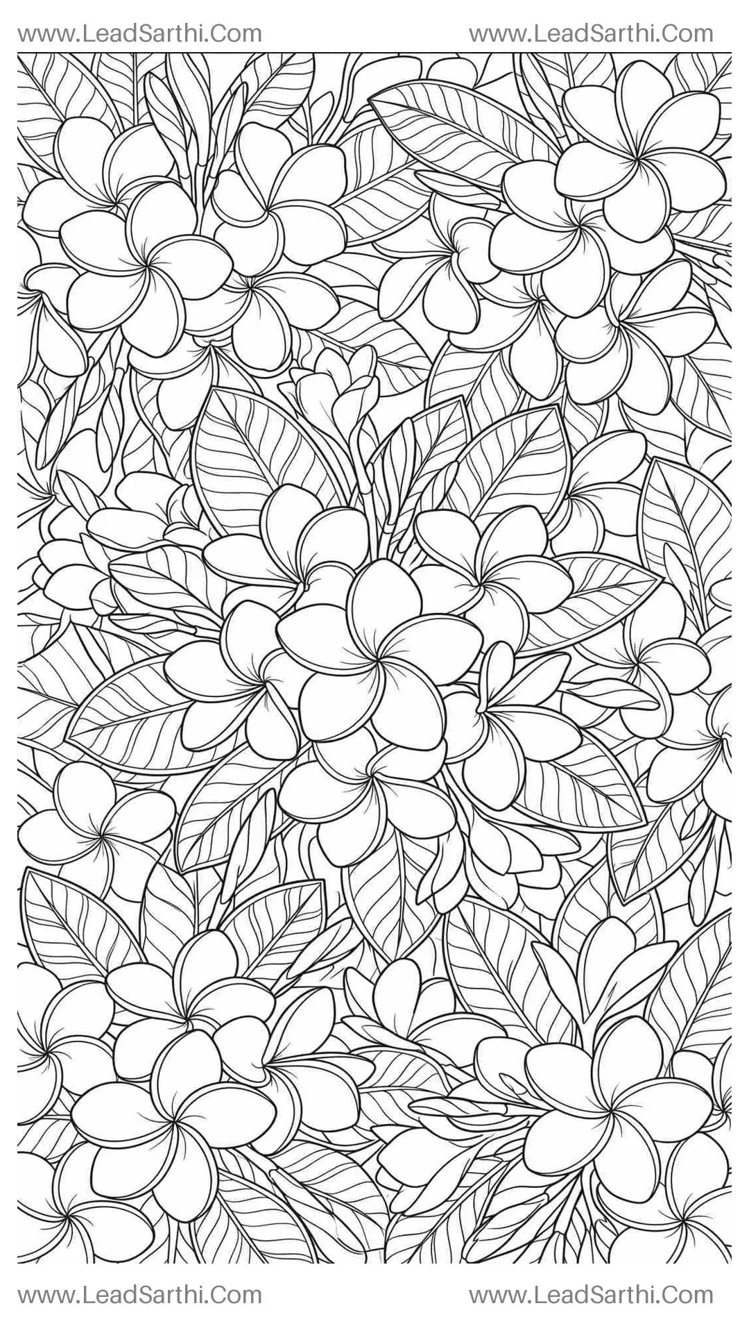 Symmetrical Plumeria Pinwheels: Borderless Full-Page Tropical Coloring Sheet Thumbnail