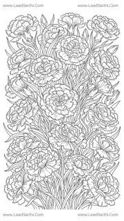 Fringed Carnation Blossom Cluster: Intricate Textured Floral Coloring Page for Adults Design Template