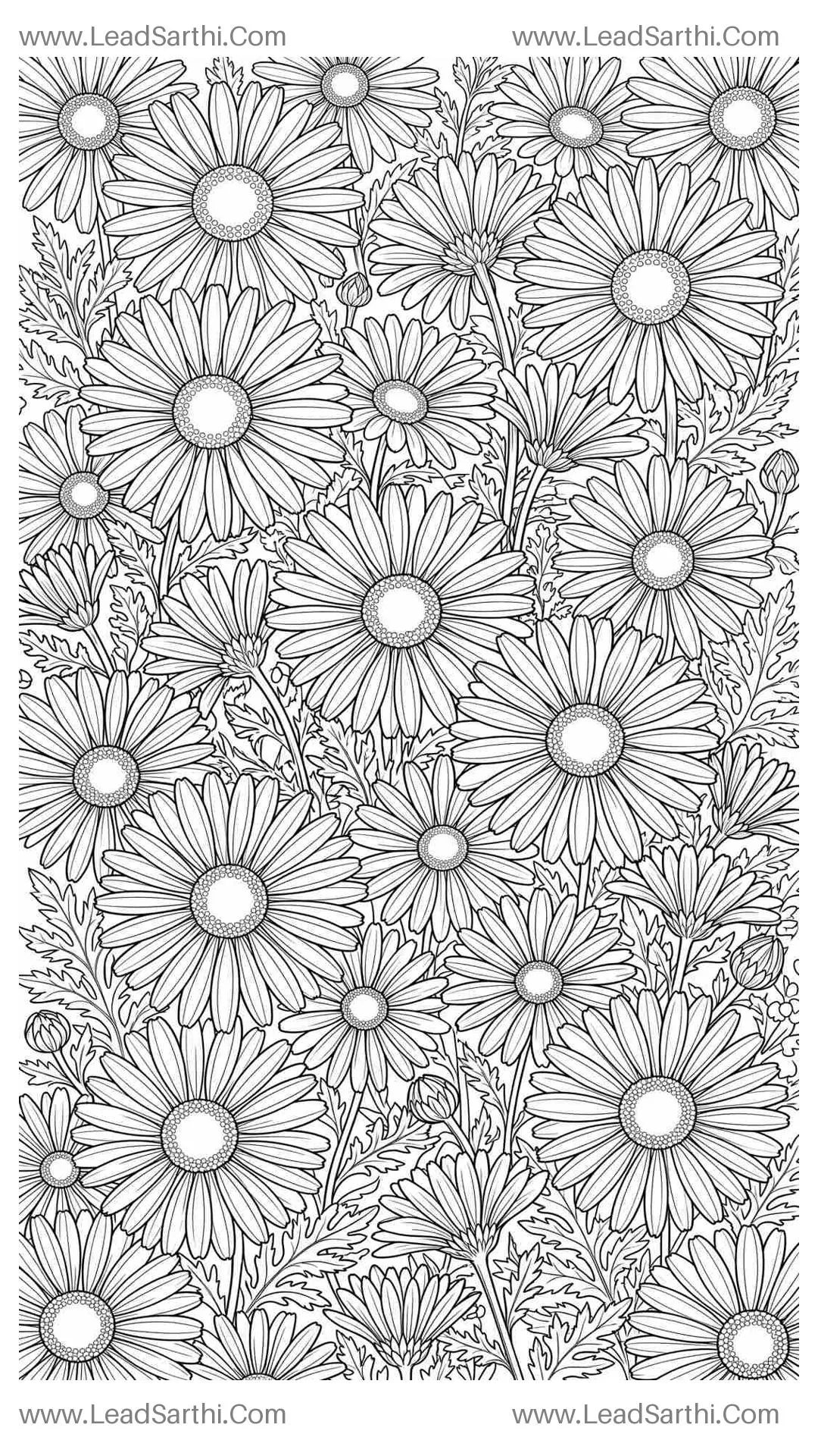 Charming Wild Daisy Tapestry: Intricate Botanical Line Art Pattern for Adult Colorists Thumbnail