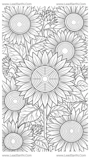 Hand-Drawn Sunflower Tapestry Coloring Sheet: Clean Line Art with White open Centers for Adults Design Template