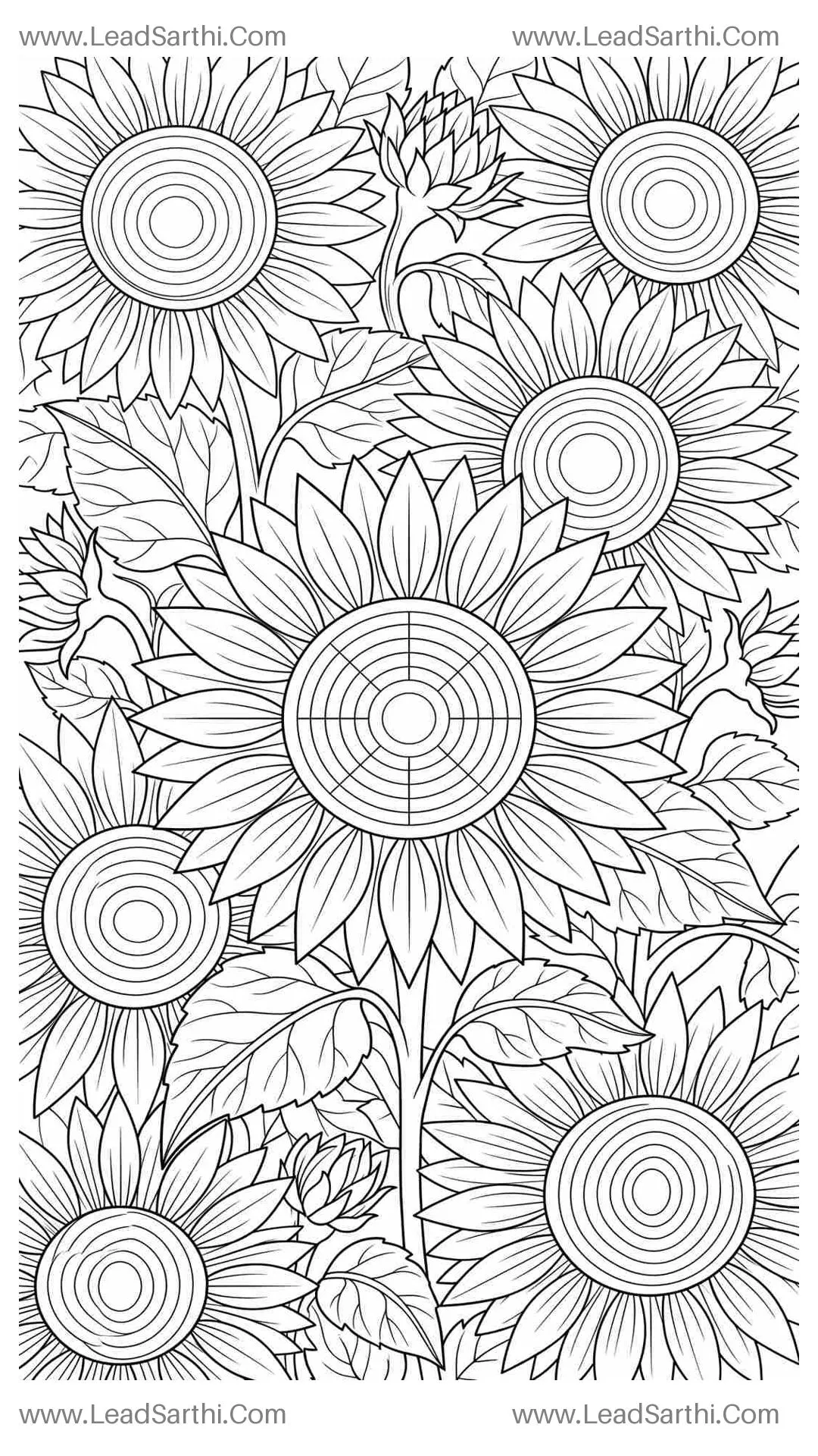 Hand-Drawn Sunflower Tapestry Coloring Sheet: Clean Line Art with White open Centers for Adults Thumbnail