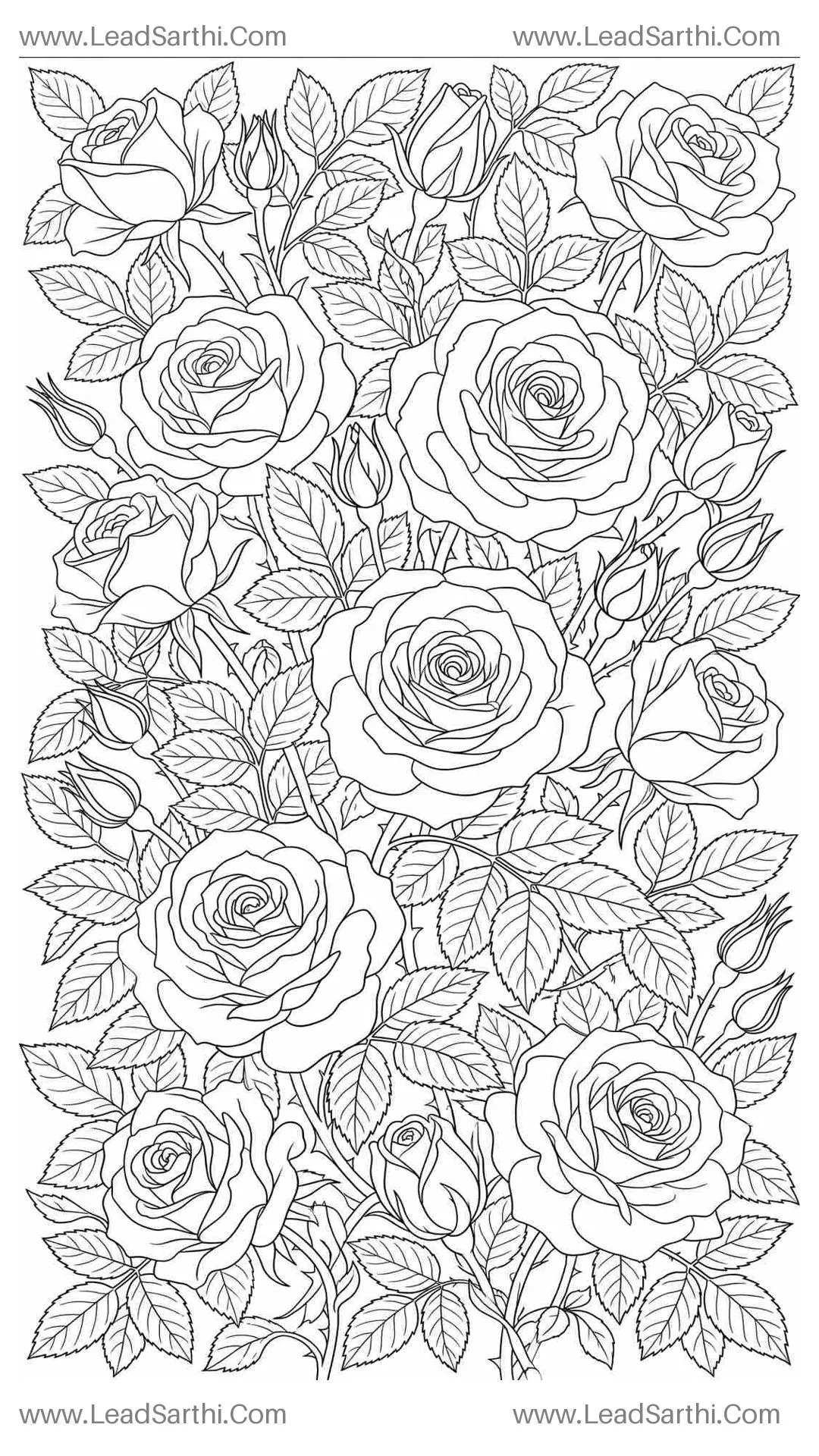 Ornate Roses and Foliage: A Dense, Page-Filling Floral Coloring Sheet for Adults Thumbnail
