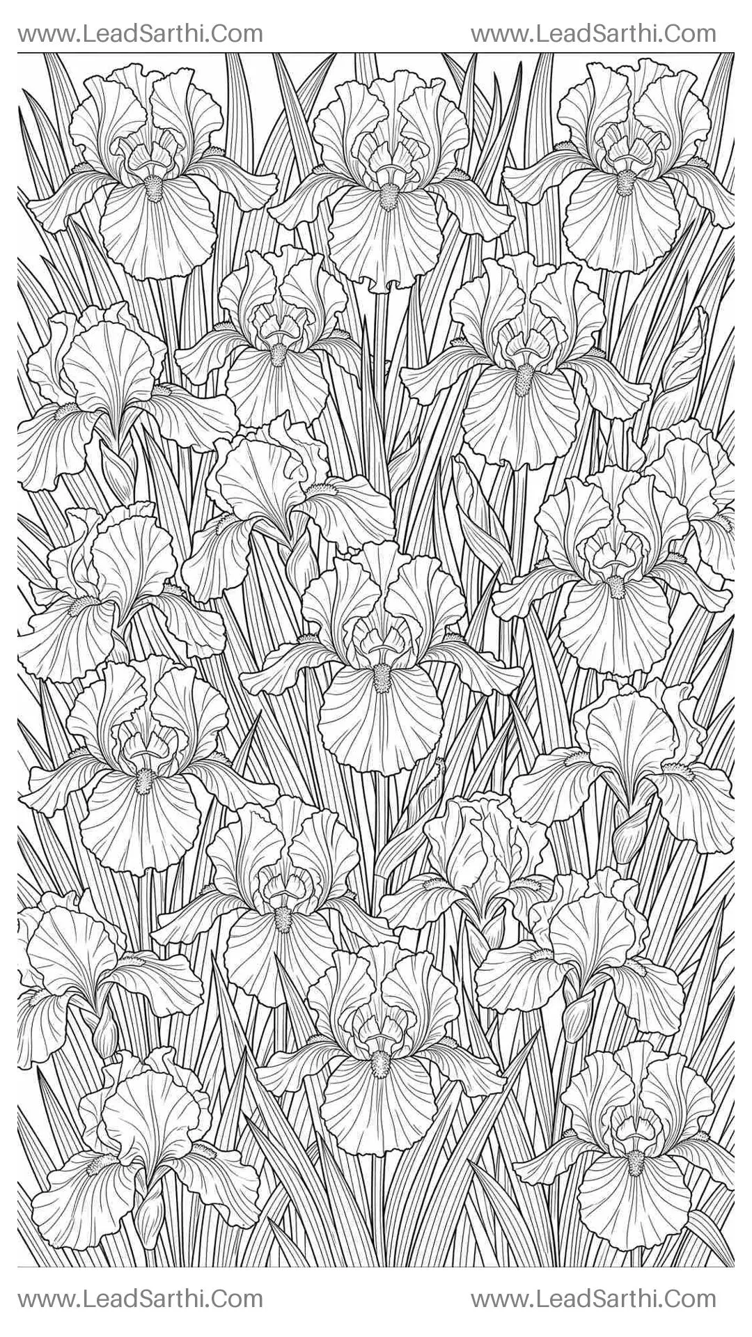 Royal Iris Garden: Full-Page Architectural Botanical Coloring Sheet for Adults Thumbnail