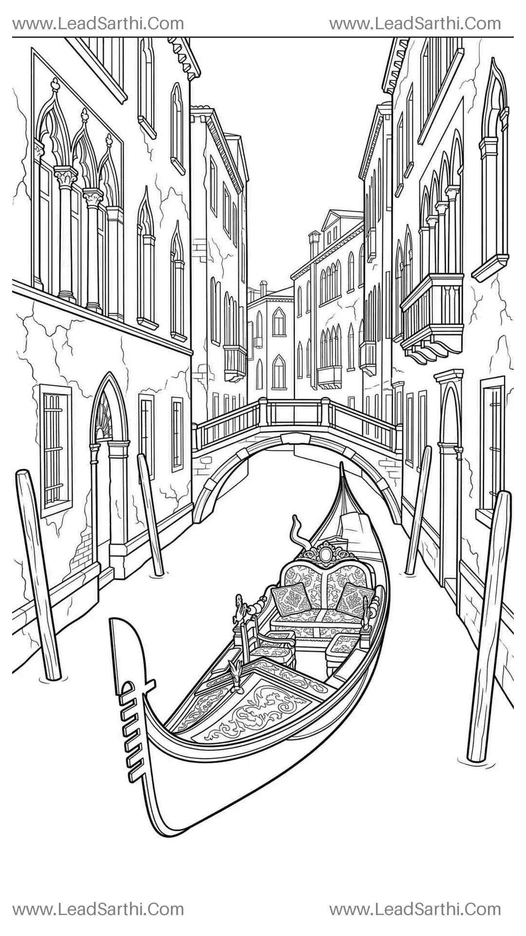 Venice Canal Gondola Printable Travel Coloring Page Thumbnail