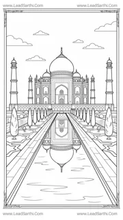 Taj Mahal India Reflection Pool Travel Coloring Page Design Template
