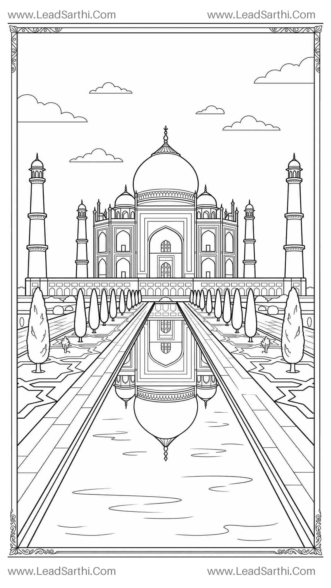 Taj Mahal India Reflection Pool Travel Coloring Page Thumbnail