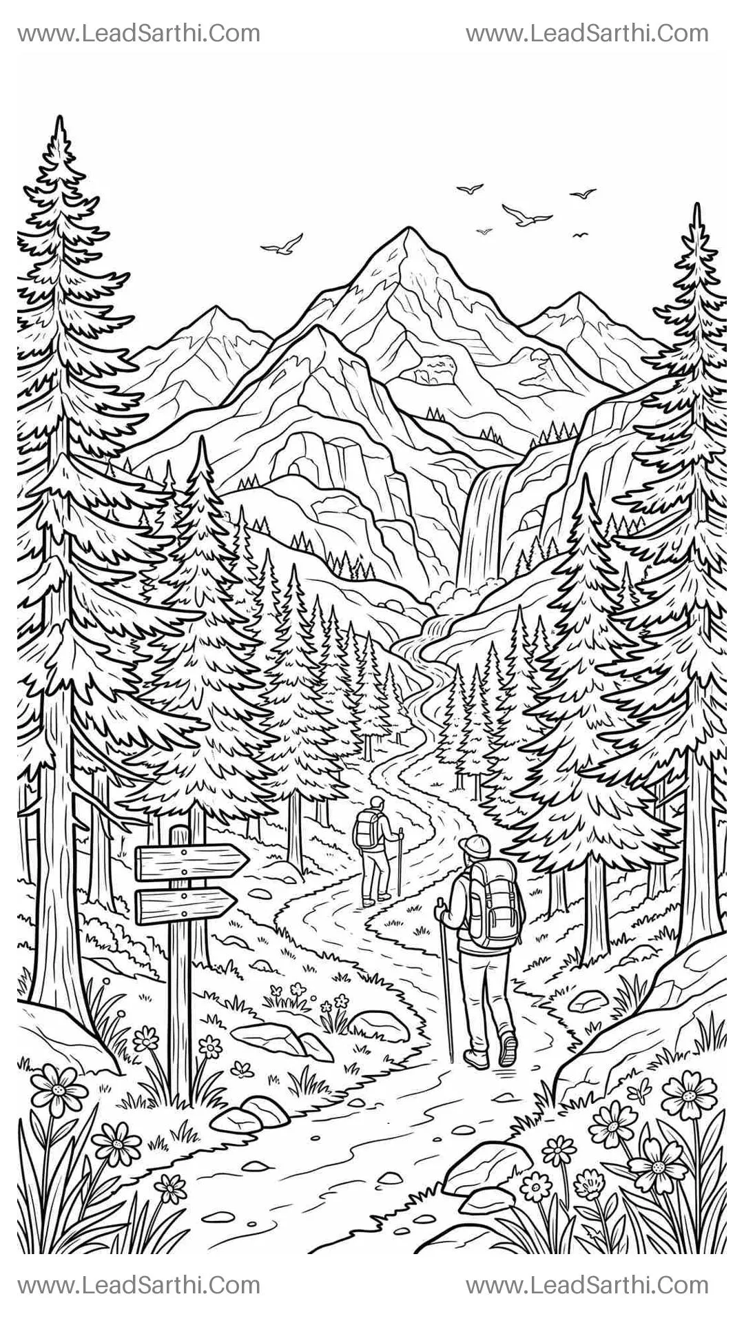 National Park Hiking: Printable Mountain Travel Coloring Page Thumbnail