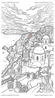Greece Santorini Sunset Cliffside Travel Coloring Page Design Template