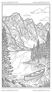 Canadian Rockies Moraine Lake Mountain Travel Coloring Page Design Template