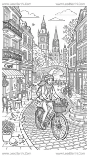 Bicycle Travel Coloring Page Printable PDF | City Tour Coloring Sheet Design Template