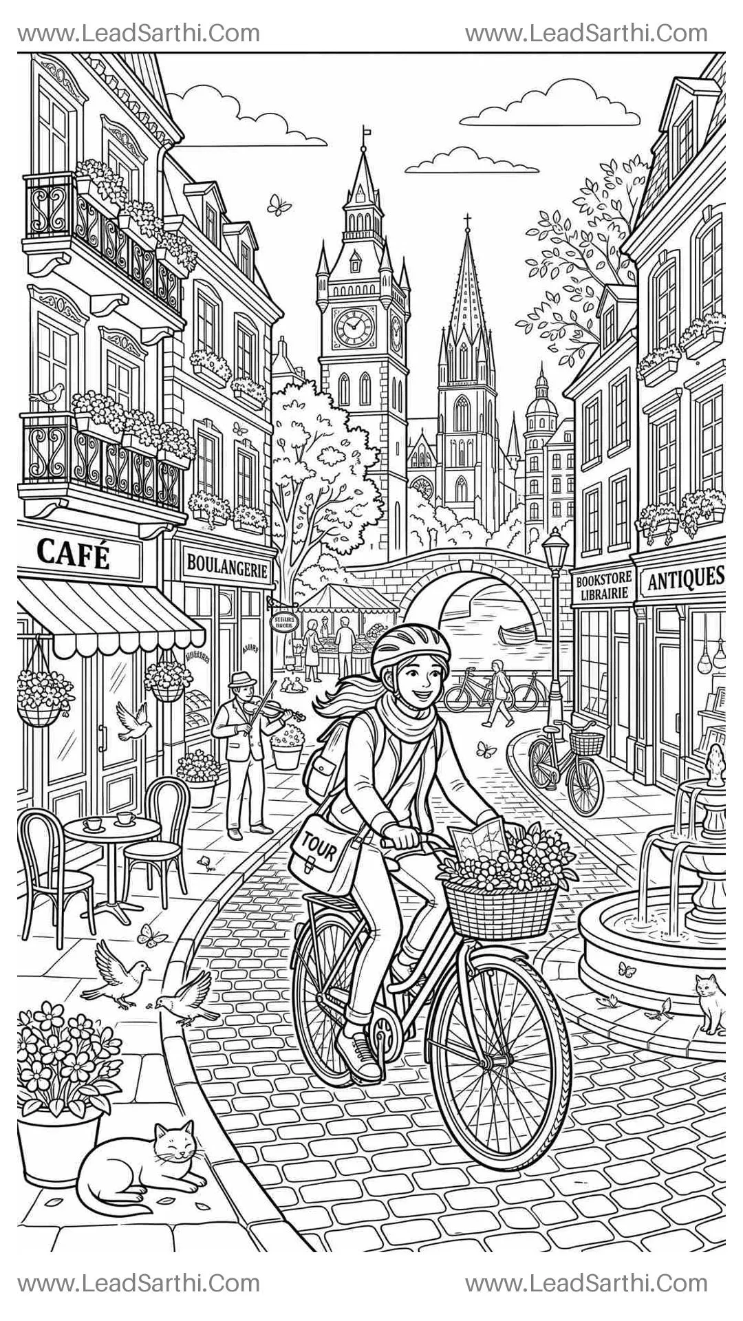 Bicycle Travel Coloring Page Printable PDF | City Tour Coloring Sheet Thumbnail