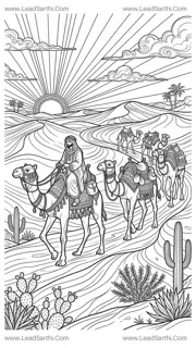 Desert Camel Caravan: Printable Arabian Travel Coloring Page Design Template