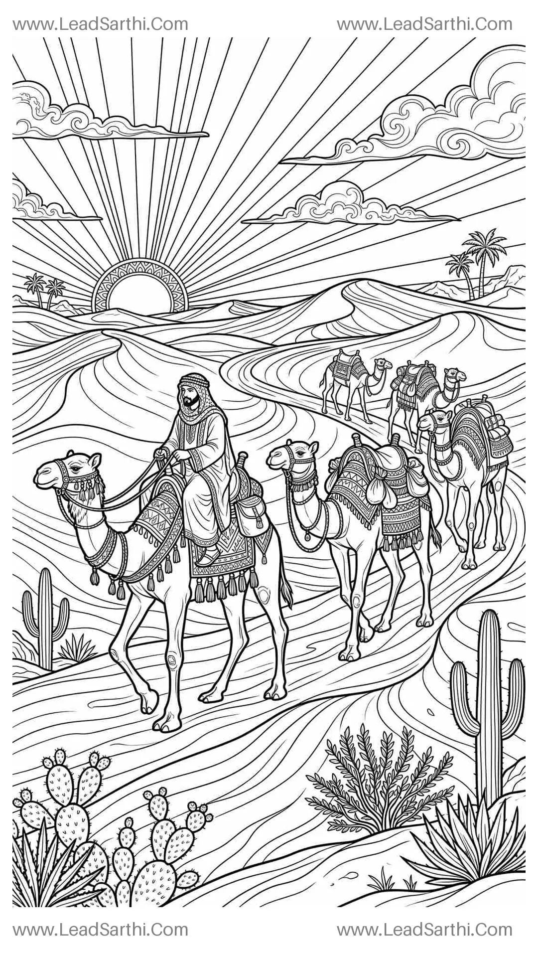Desert Camel Caravan: Printable Arabian Travel Coloring Page Thumbnail