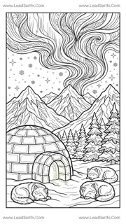 Arctic Igloo: Printable Northern Lights Travel Coloring Page Design Template