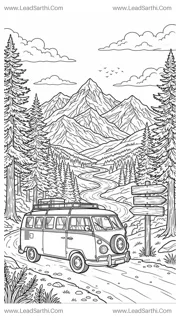 Vintage Camper Van Adventure: Printable Road Trip Travel Coloring Page Design Template