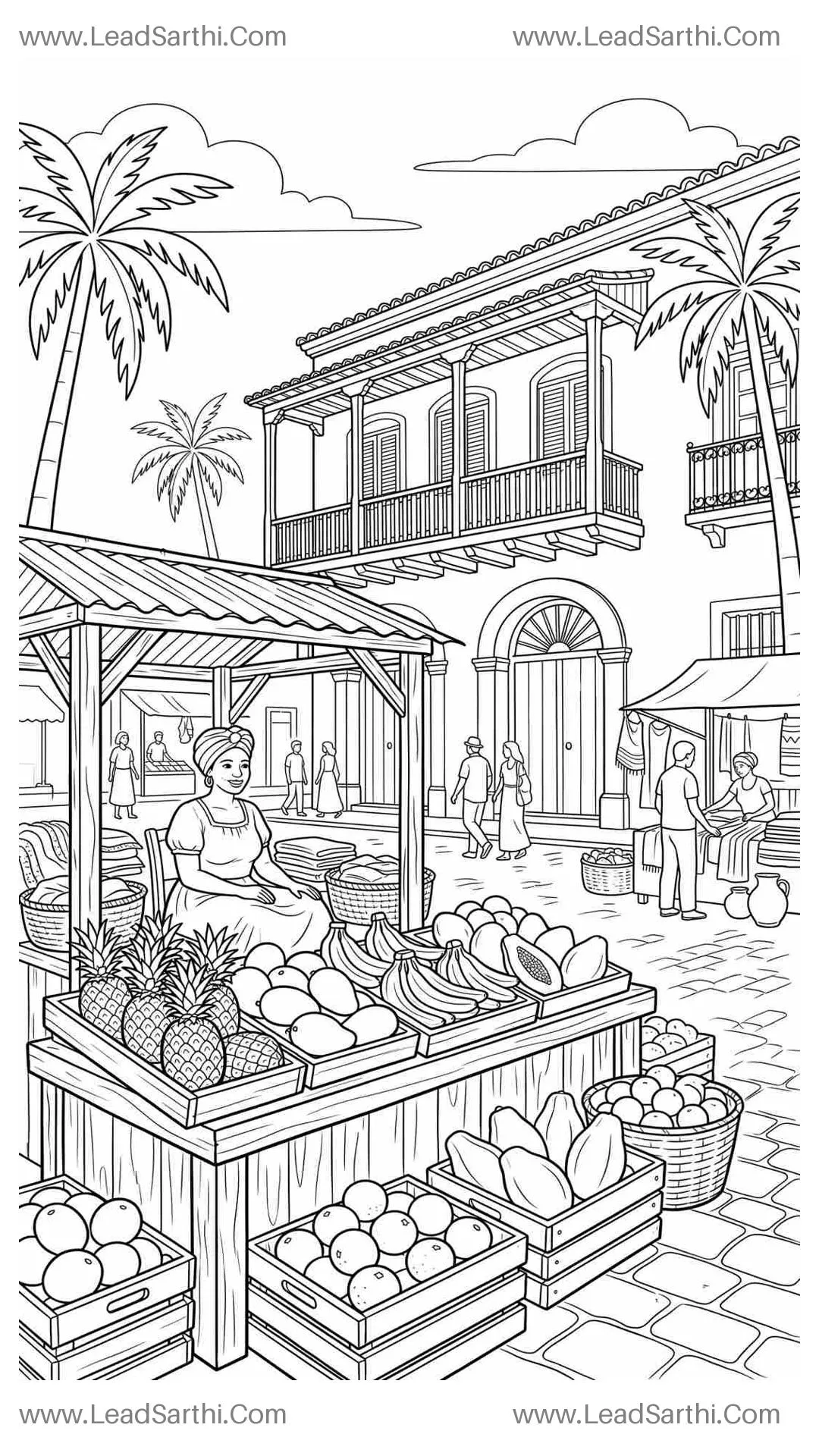 Caribbean Island Street Market Travel Coloring Page Thumbnail