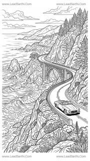 California Pacific Coast Highway Adult Travel Coloring Page Design Template