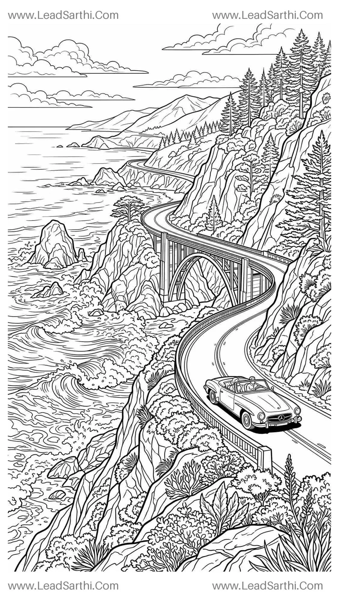 California Pacific Coast Highway Adult Travel Coloring Page Thumbnail