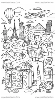 Travel Coloring Page Printable PDF for Kids and Adults | World Travel Adventure Outline Design Template