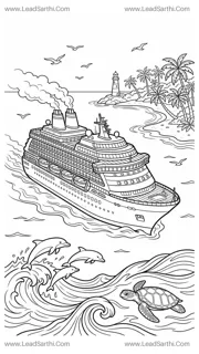 Cruise Ship Voyage: Printable Ocean Travel Coloring Page Design Template