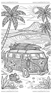 Maui Hawaii Retro Surf Van Travel Coloring Page Design Template