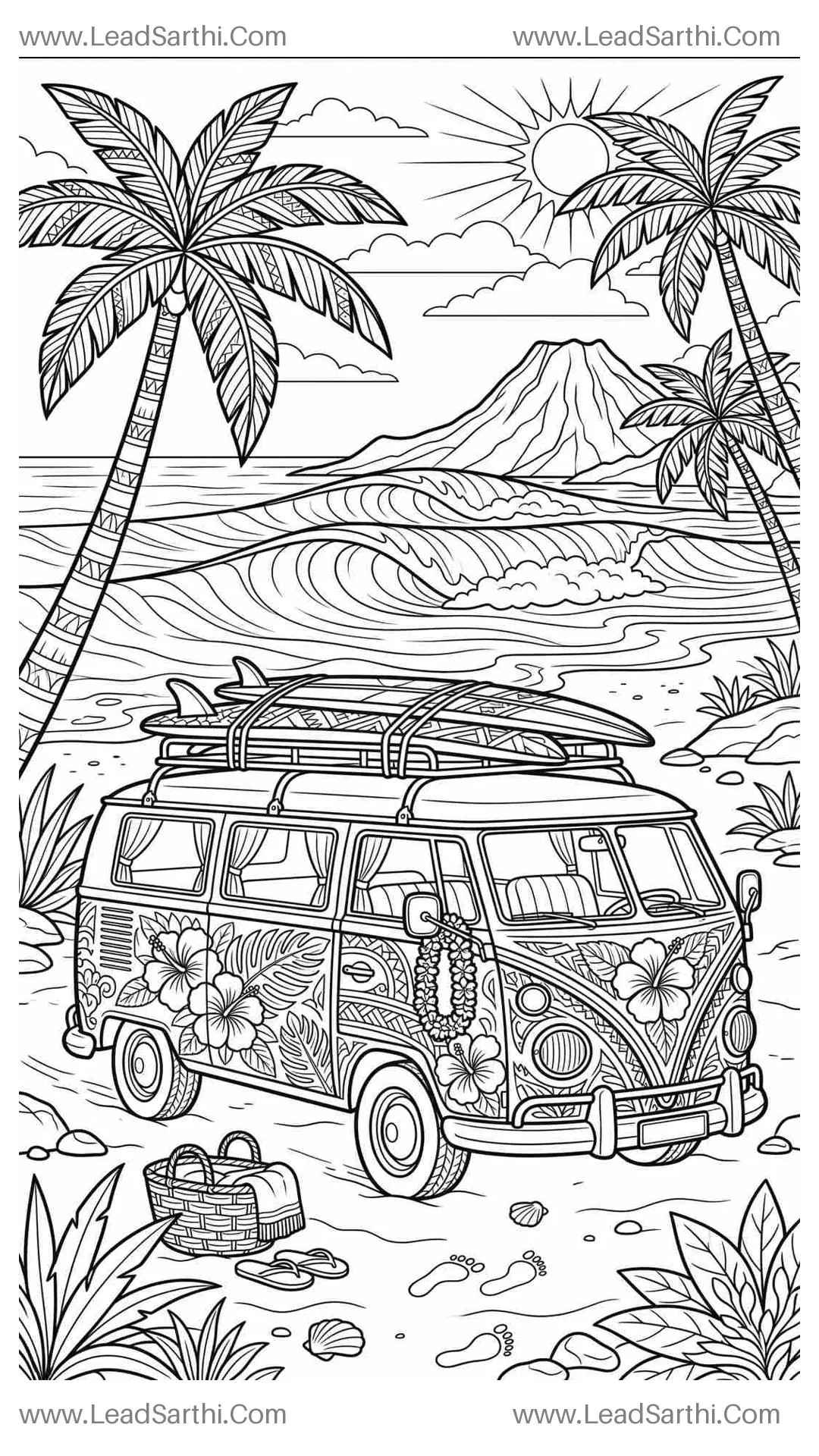 Maui Hawaii Retro Surf Van Travel Coloring Page Thumbnail