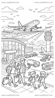 Airport Travel Coloring Page Printable PDF | Airplane Travel Adventure Coloring Sheet Design Template