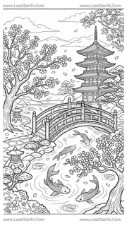 Japanese Cherry Blossom: Printable Garden & Pagoda Travel Coloring Page Design Template