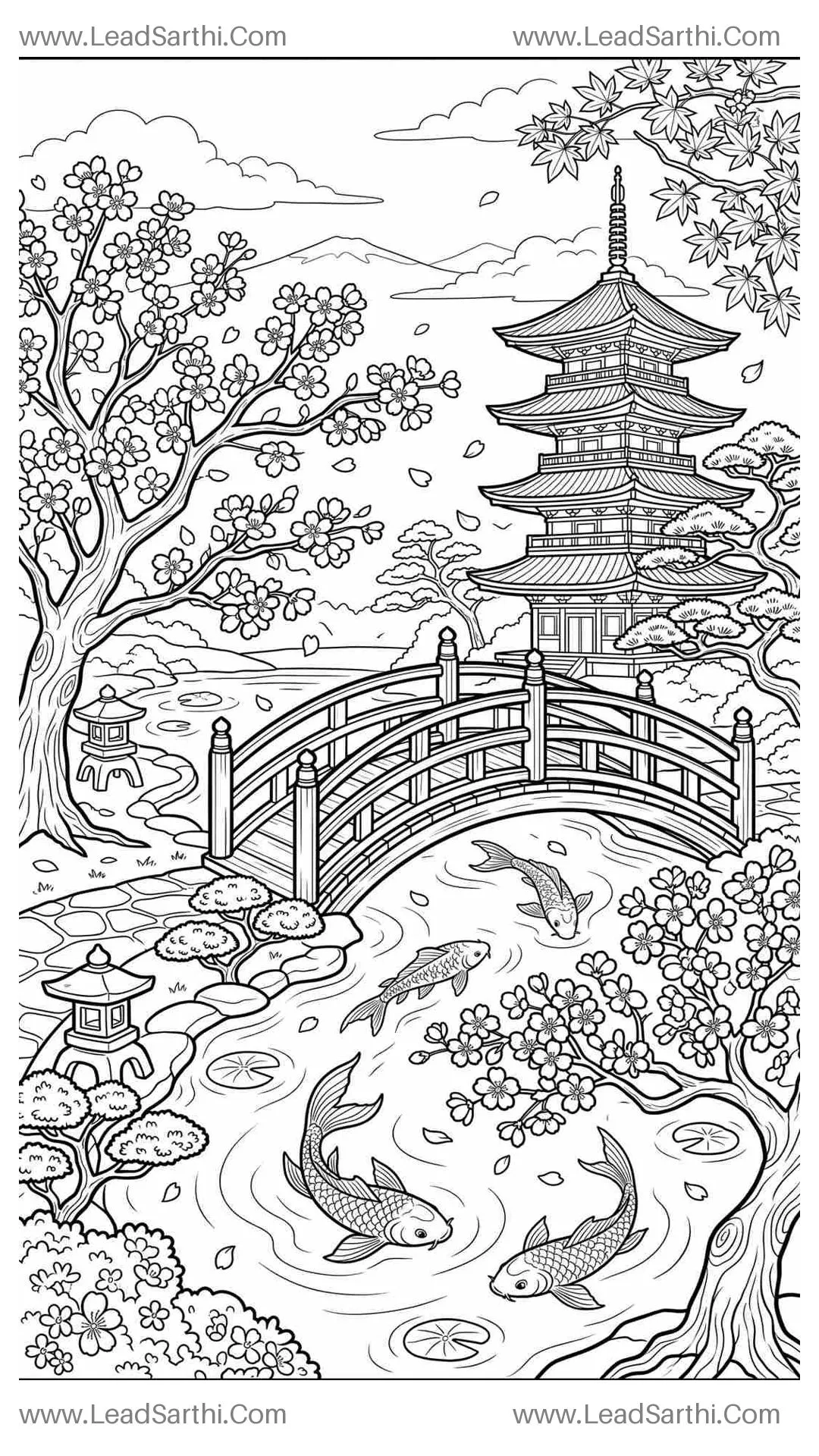 Japanese Cherry Blossom: Printable Garden & Pagoda Travel Coloring Page Thumbnail