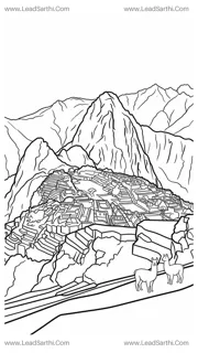 Machu Picchu Peru Inca Trail Ruins Travel Coloring Page Design Template