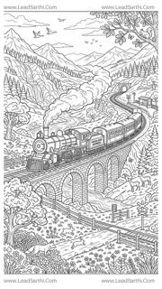 Steam Train Coloring Page Printable PDF | Scenic Railway Travel Coloring Sheet Design Template