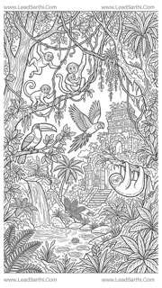 Jungle Canopy Adventure: Printable Rainforest Travel Coloring Page Design Template