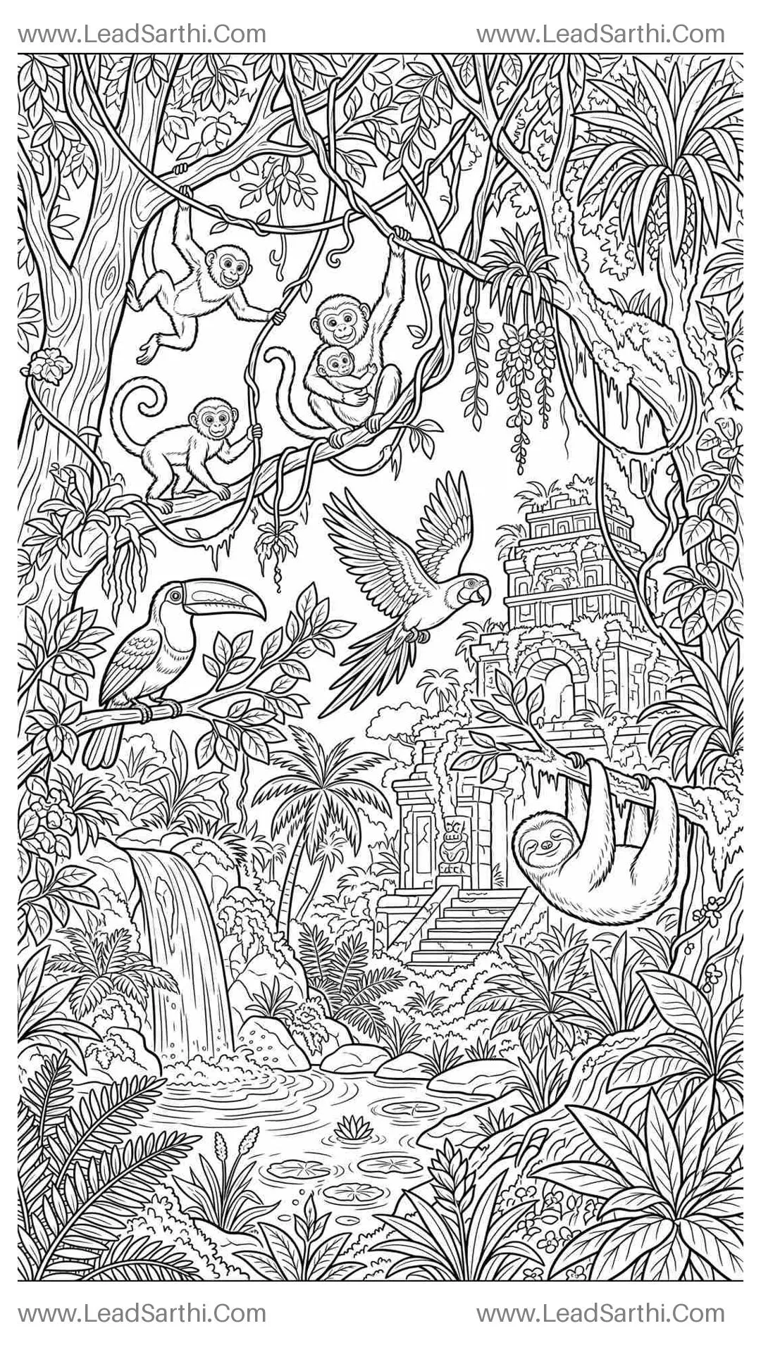 Jungle Canopy Adventure: Printable Rainforest Travel Coloring Page Thumbnail