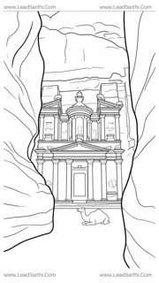 Petra Jordan Treasury Ancient Architecture Travel Coloring Page Design Template