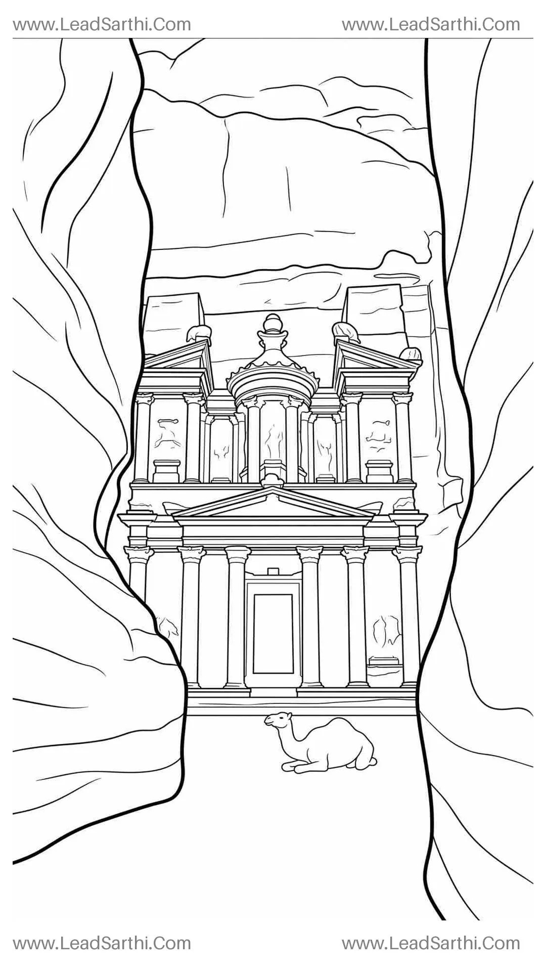 Petra Jordan Treasury Ancient Architecture Travel Coloring Page Thumbnail