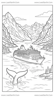 Alaska Fjord Cruise Whale Watching Travel Coloring Page Design Template
