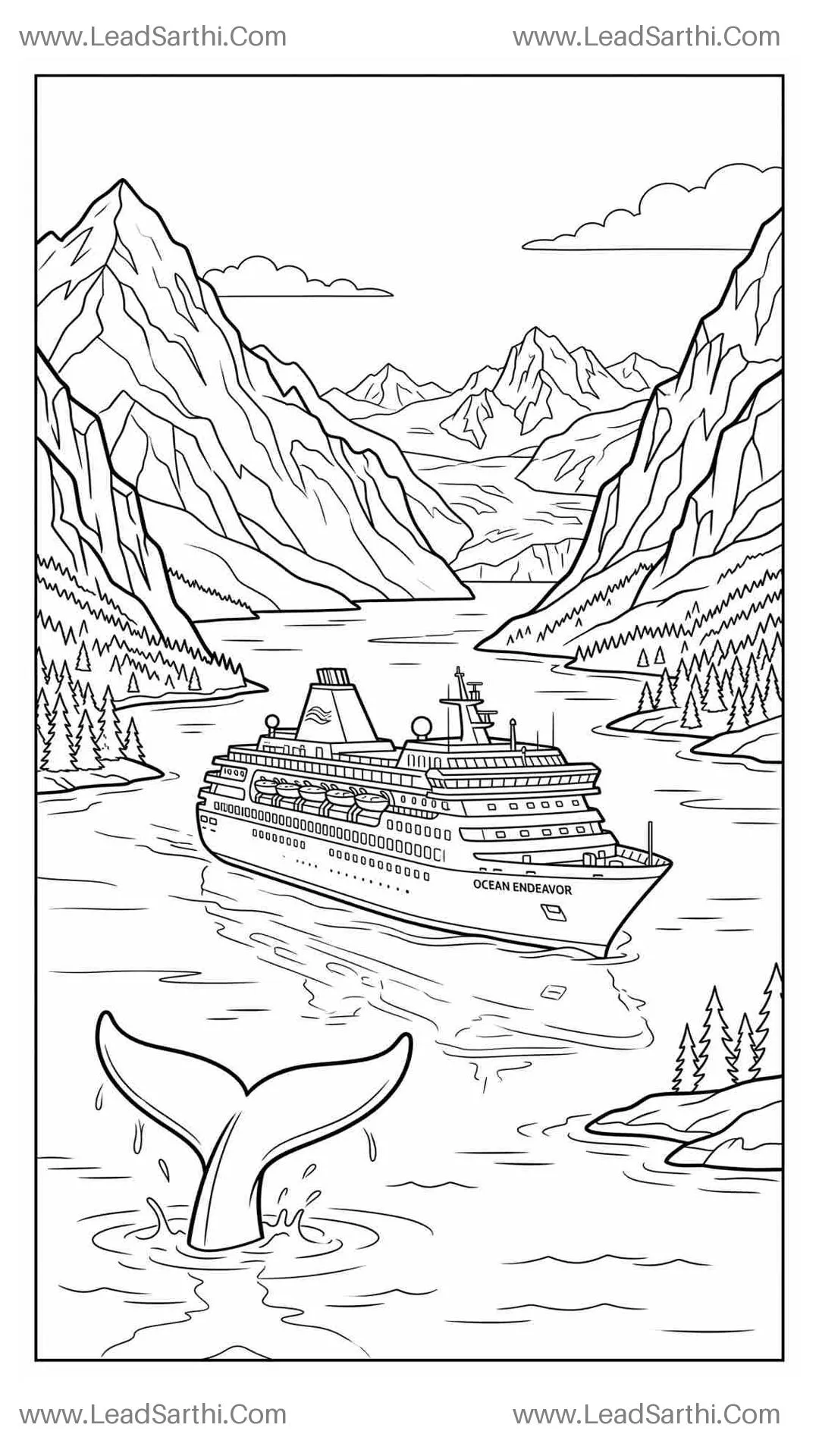Alaska Fjord Cruise Whale Watching Travel Coloring Page Thumbnail