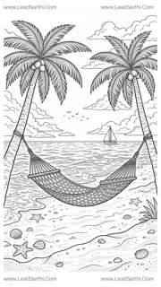 Tropical Island Escape: Printable Beach & Palm Tree Travel Coloring Page Design Template