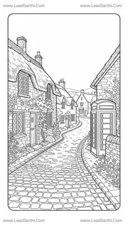 English Countryside Cotswolds Cottage Travel Coloring Page Design Template