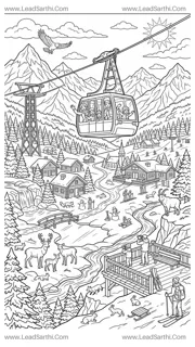 Snow Mountain Coloring Page Printable PDF | Winter Travel Adventure Coloring Sheet Design Template