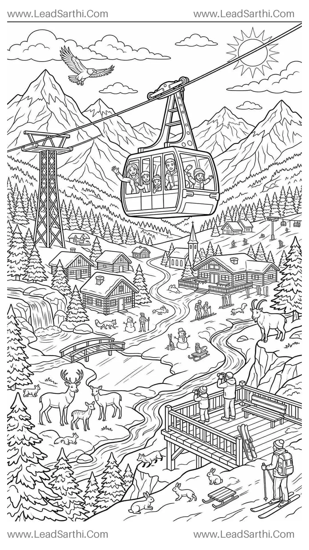 Snow Mountain Coloring Page Printable PDF | Winter Travel Adventure Coloring Sheet Thumbnail