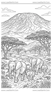 Mount Kilimanjaro Africa Savanna Travel Coloring Page Design Template