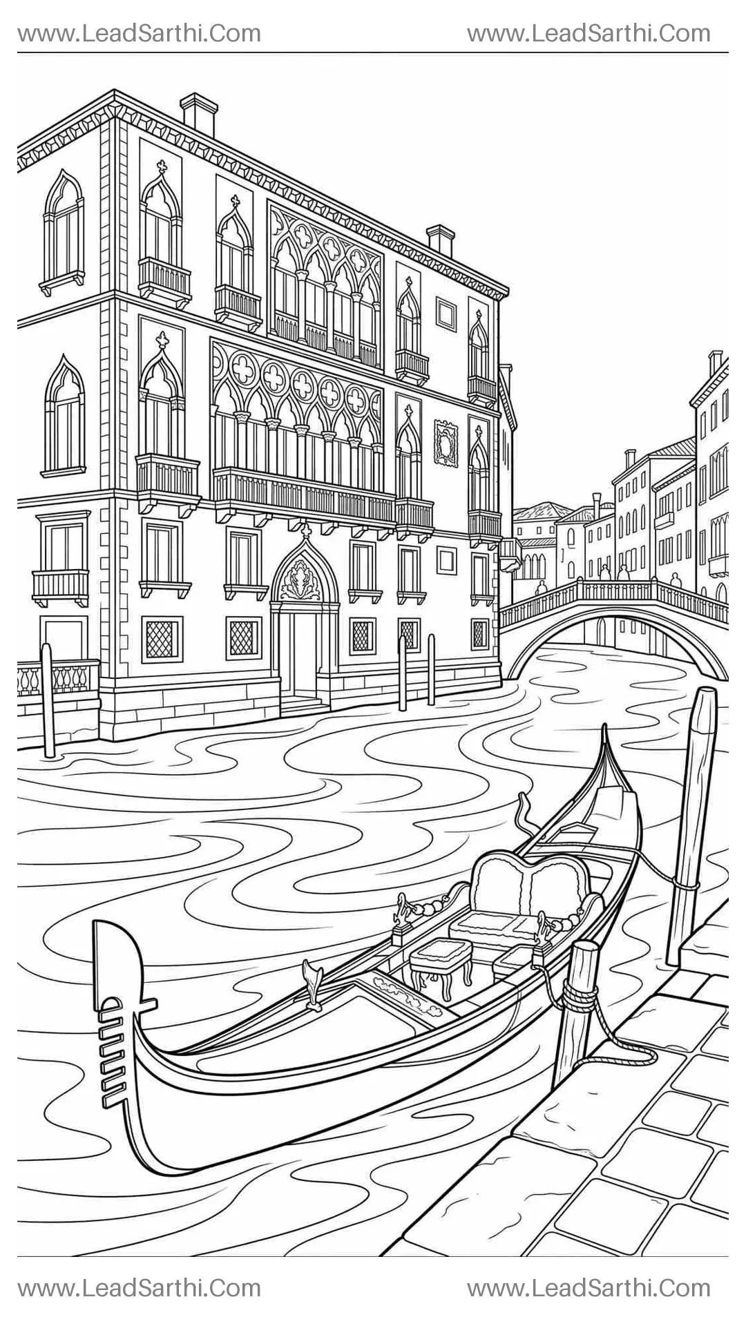 Venice Grand Canal Gondola Italy Travel Coloring Page Thumbnail