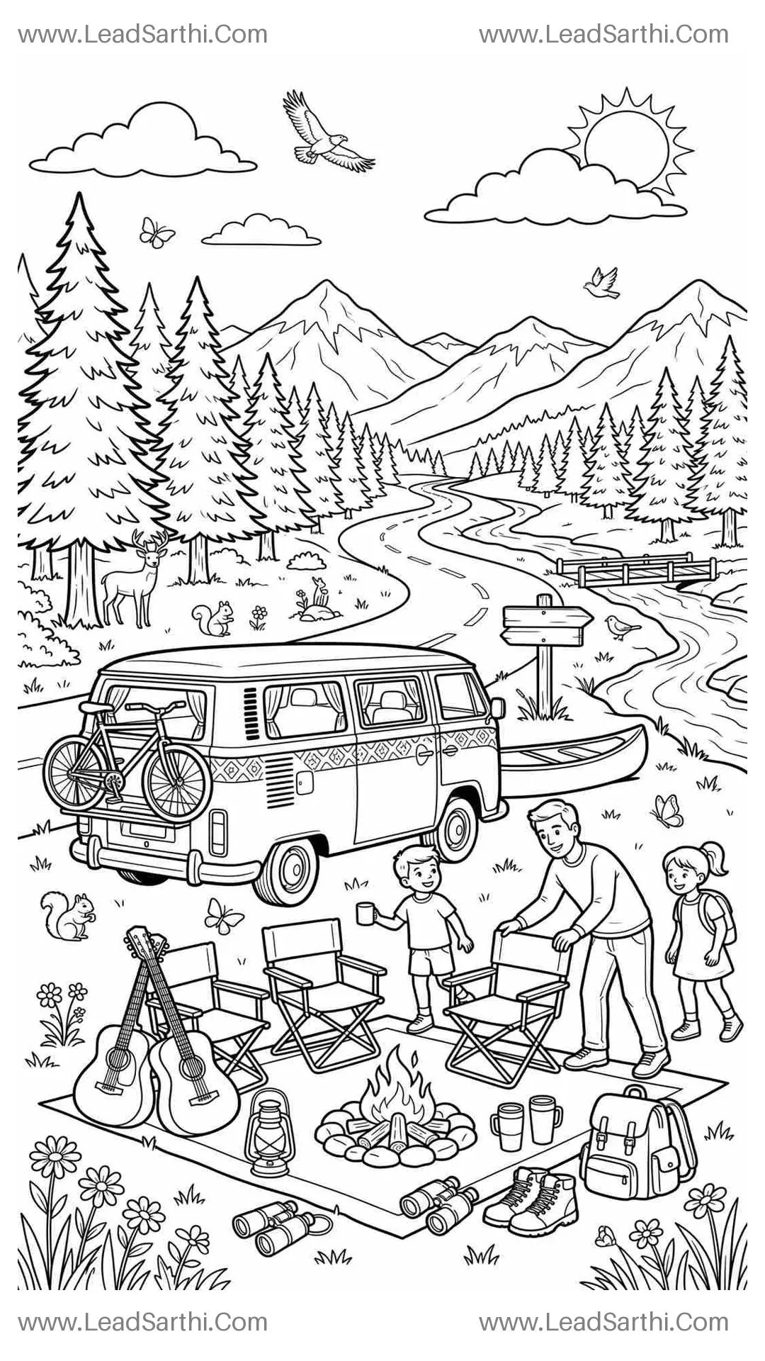 Camper Van Road Trip Coloring Page Printable PDF for Kids and Adults Thumbnail
